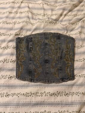 Embellished Denim Corset Top in with Gold and Silver Studs